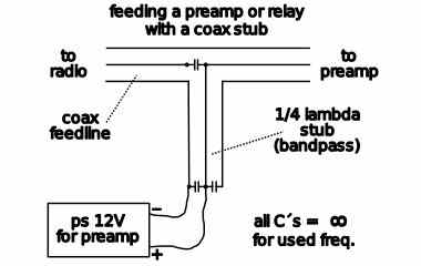 how to feed a preamp / relay with a coax bandpass filter
